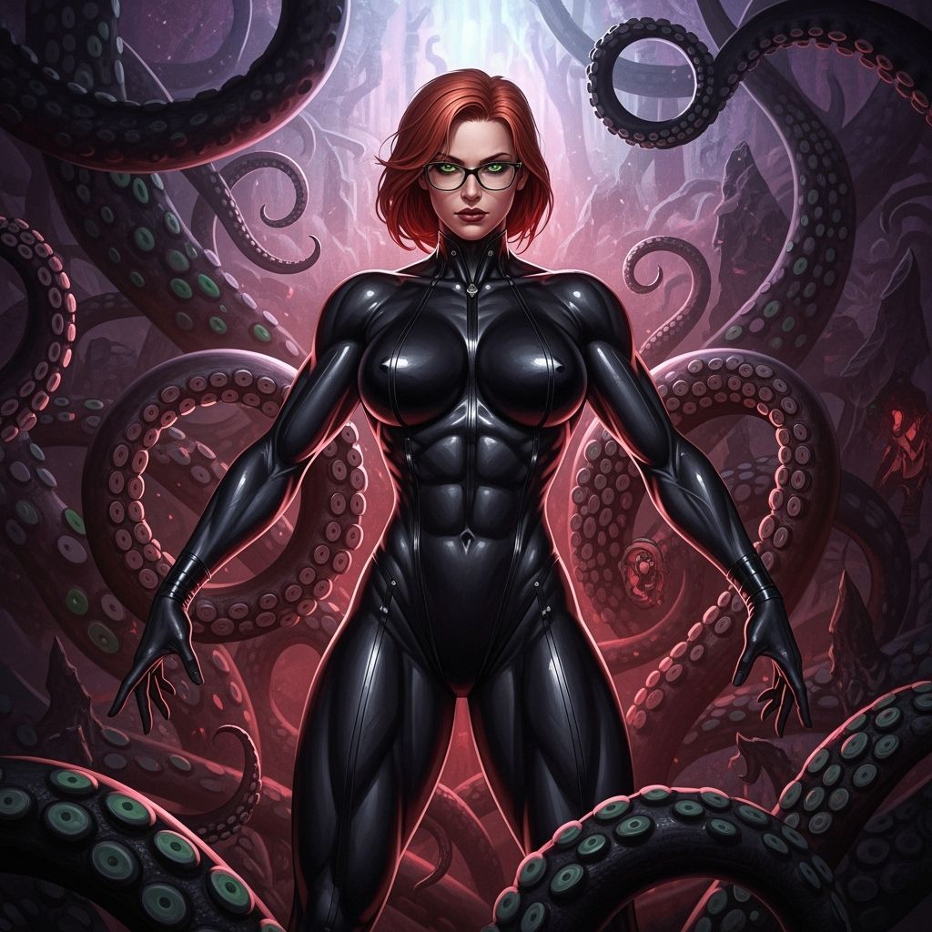 Muscular Redhead in Latex with Dark Fantasy Tentacles