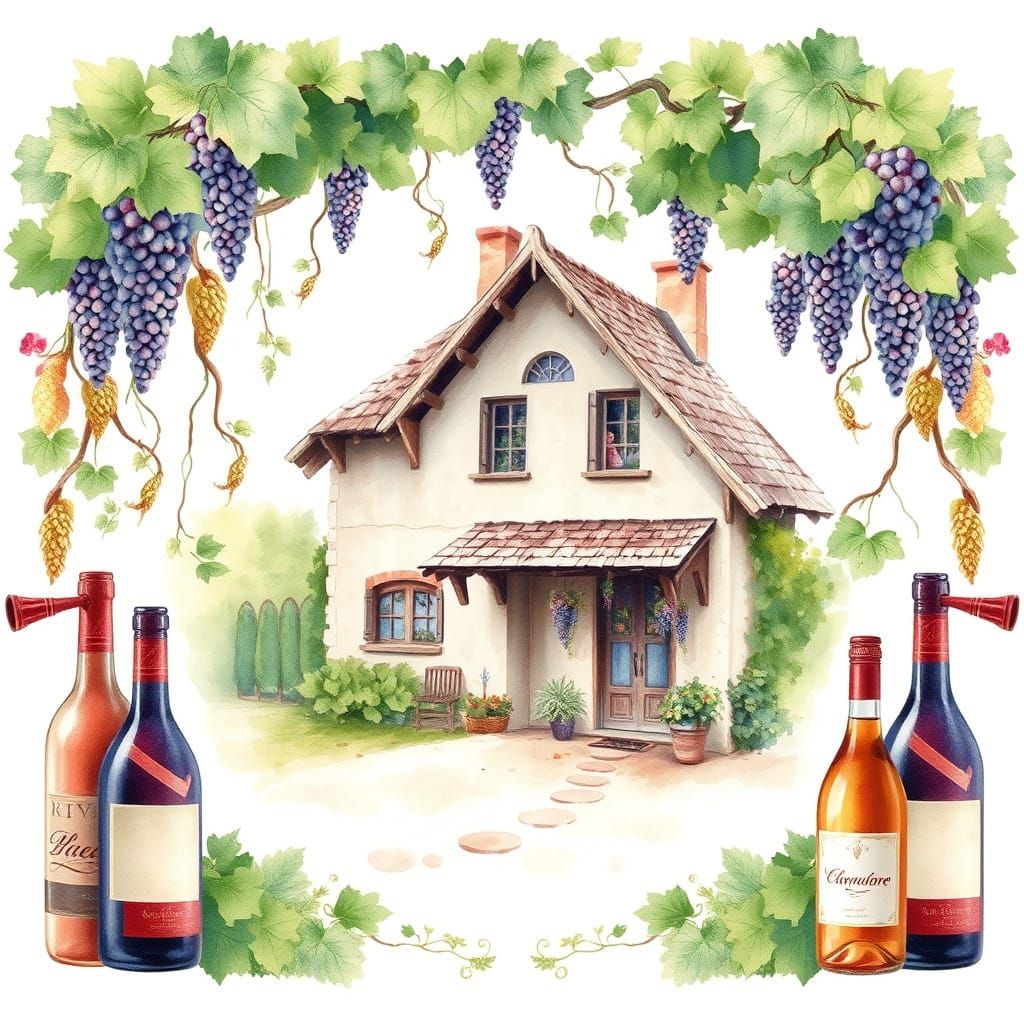 A postcard with a frame of wine bottles of a cozy vineyard cottage surrounded by lush greenery and hanging grapes, aquar...
