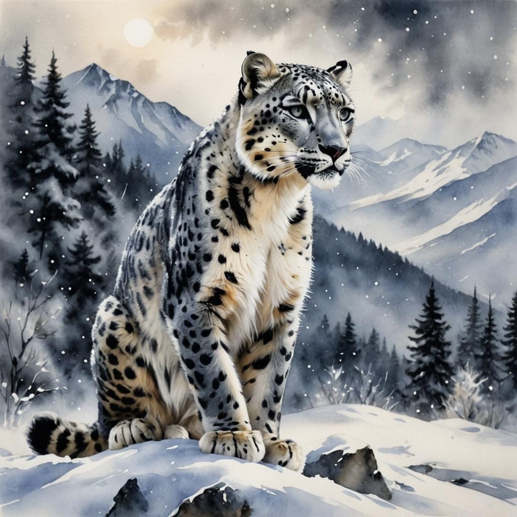 Monochromatic Snow Leopard Watercolor Painting