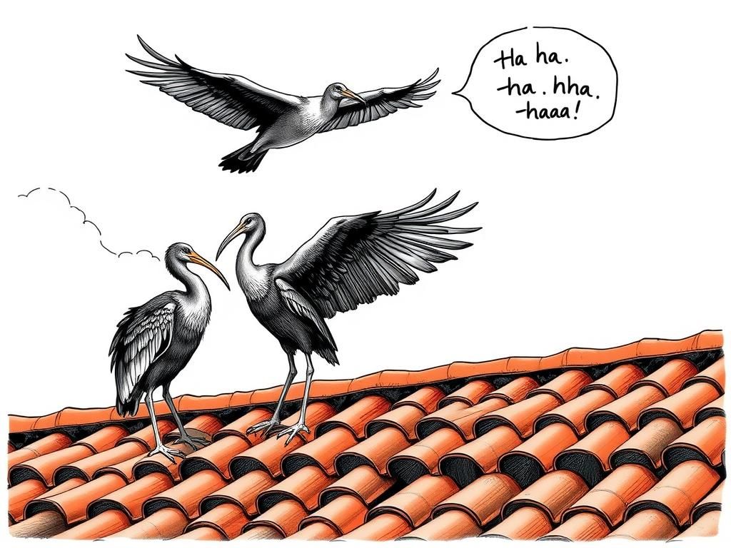 Hadeda Ibises on a Terracotta Roof: Storybook Illustration