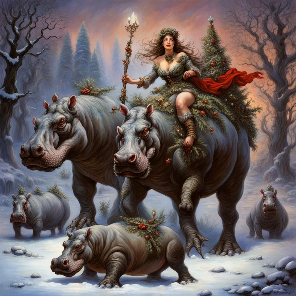 Surreal Winter Wonderland With Warrior and Hippos