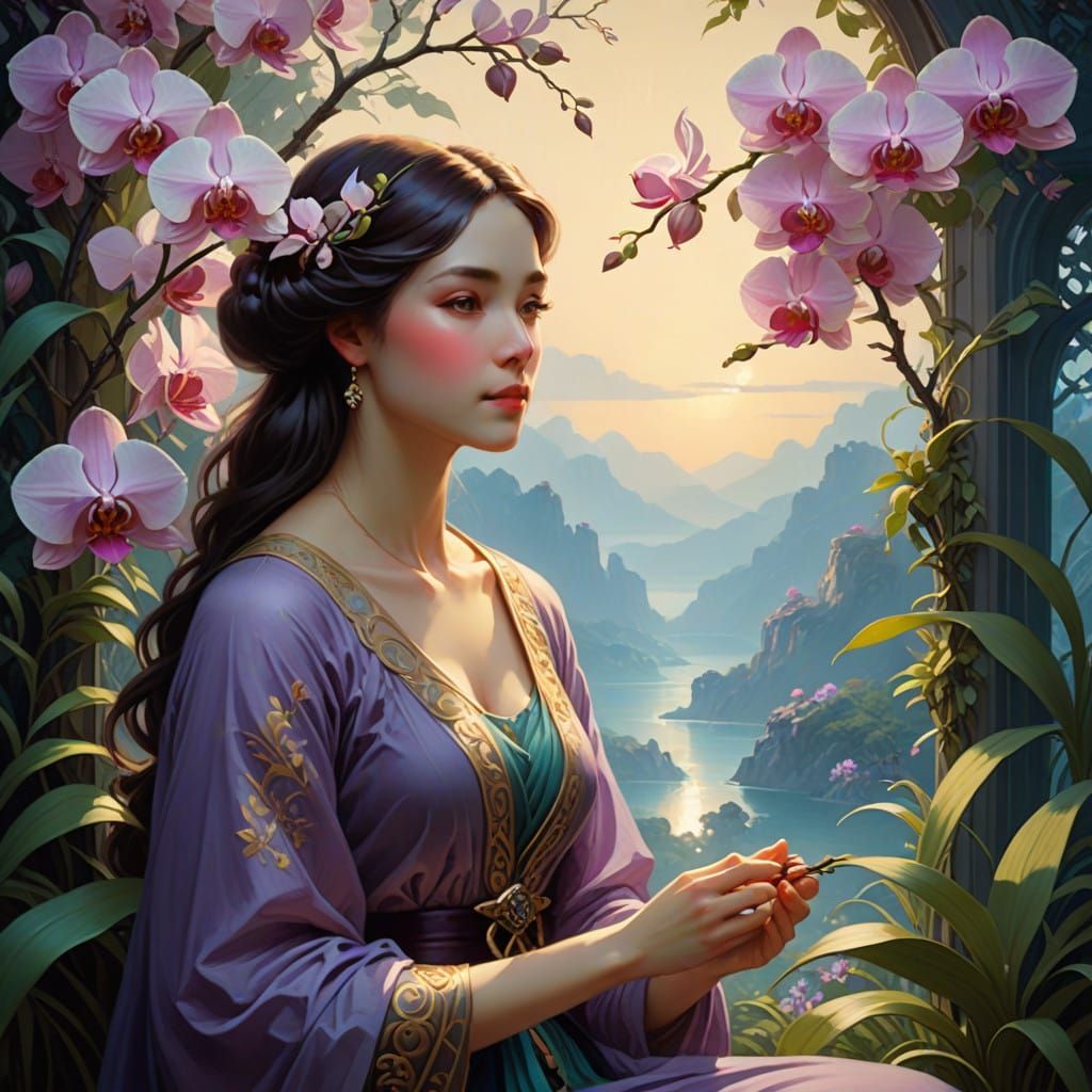 Serene Woman Prunes Blooming Orchid in Art Nouveau Style