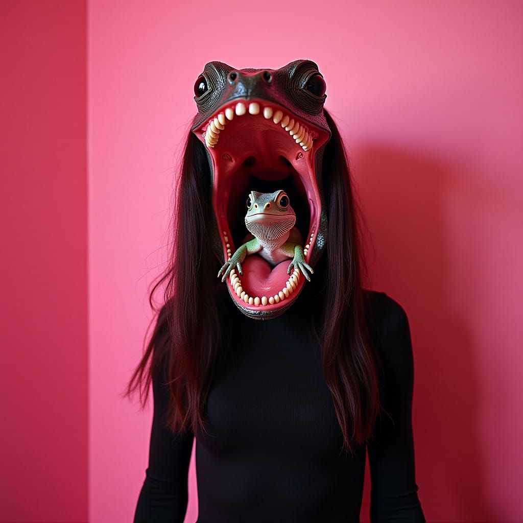 Goth Girl's Macabre Smile, Tiny Iguanas in a Pink Room