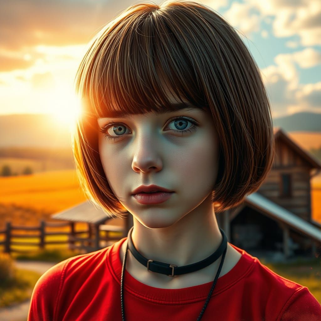Hyperrealistic Country Girl Portrait in Cyberpunk Countrysid...