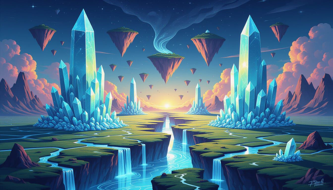 Surreal Crystalline Trees and Rivers of Light Landscape