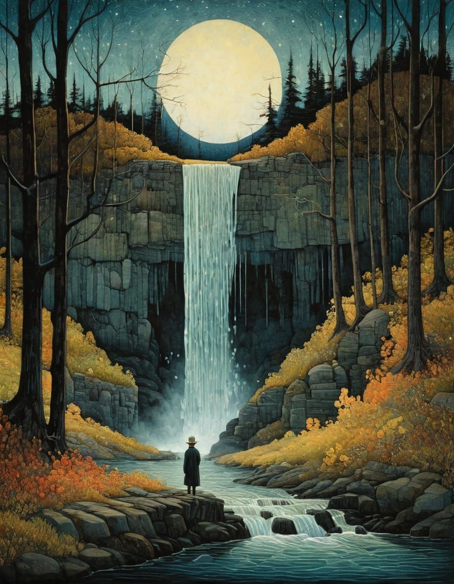 Moonlit Waterfall in Vibrant Colors
