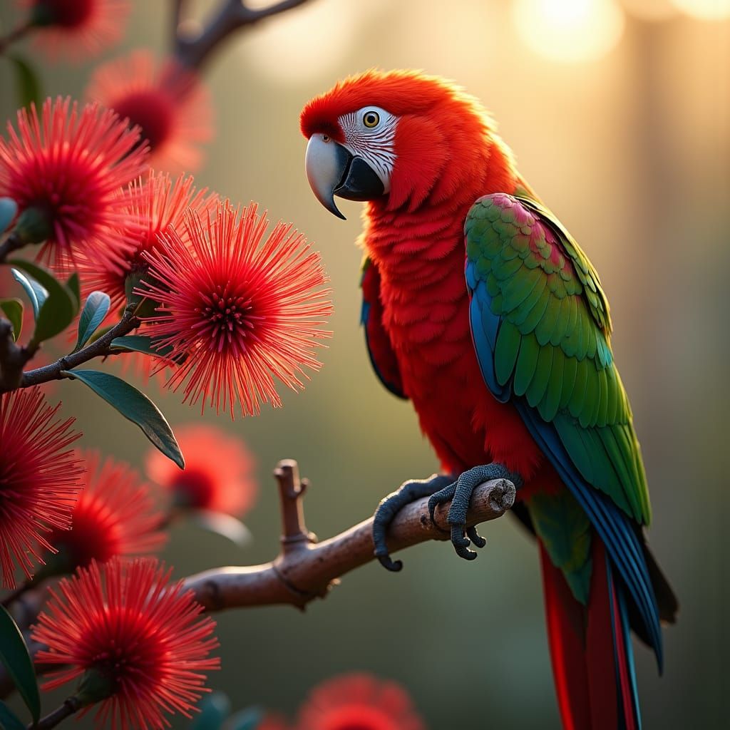 Rosella Parrot and Bottlebrush Flowers in Bloom