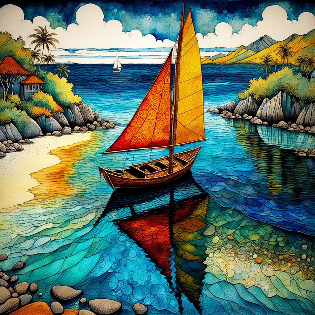 Fiji Sailboat in Batik Style with Alcohol Ink