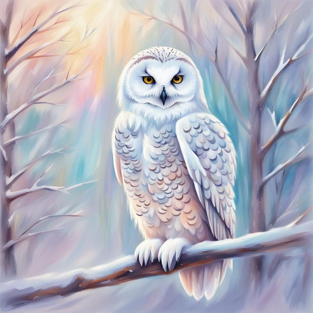 Snow Owl on Branch in Pastel Winter Landscape