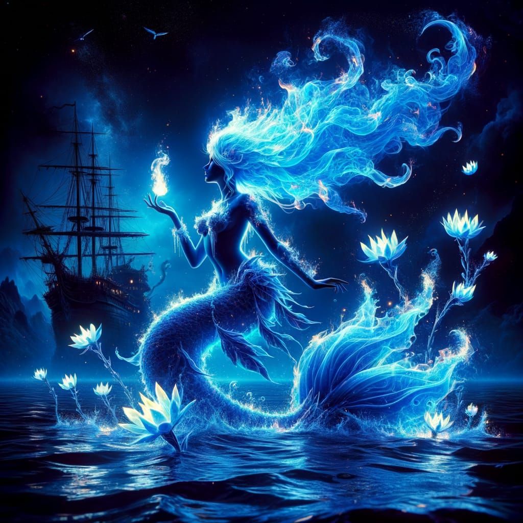 Vibrant Blue Flame Mermaid in Dark Sea Depths
