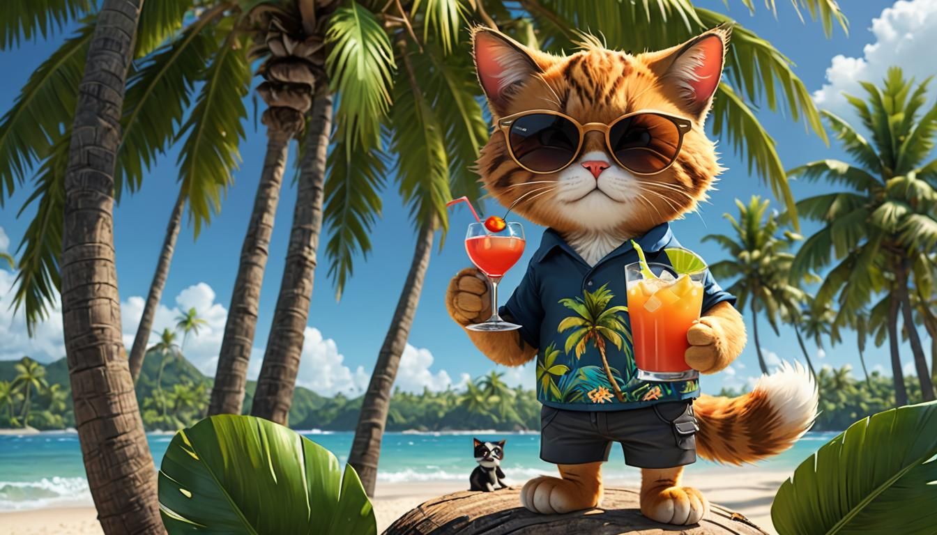 Cartoon Cat on Tropical Beach in 3D Anime Style