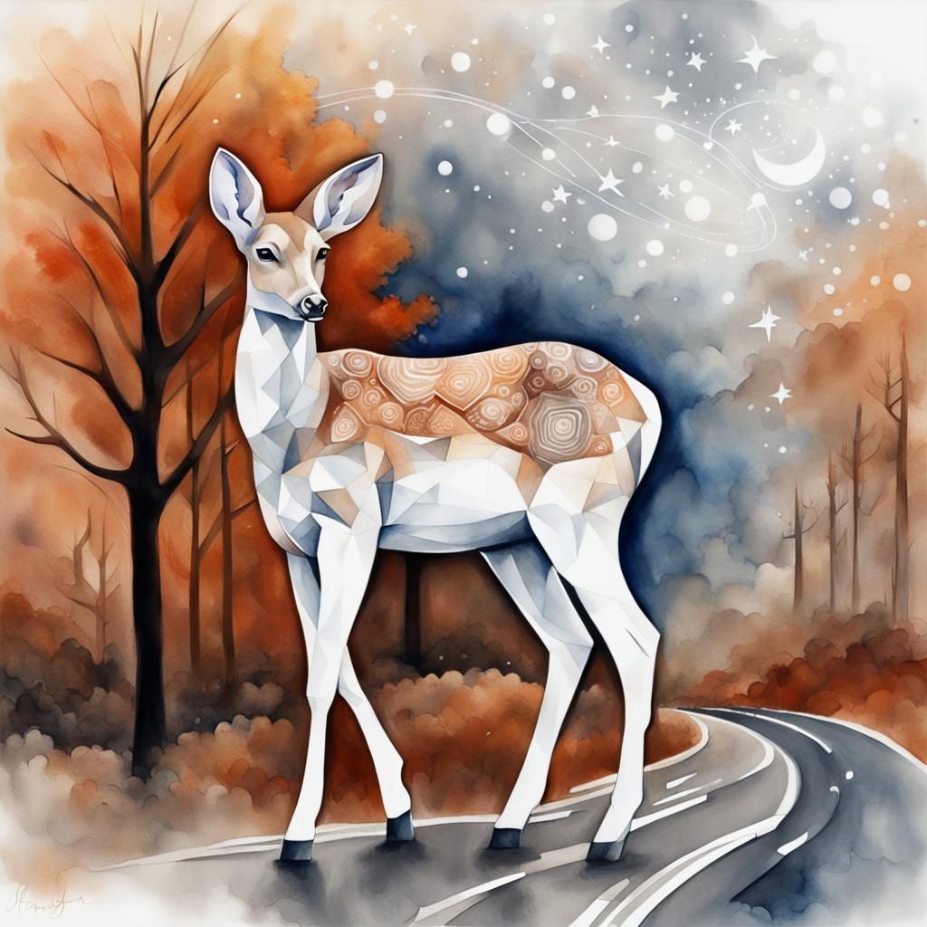 Doe Crossing Street in Autumn Landscape, 3D Render