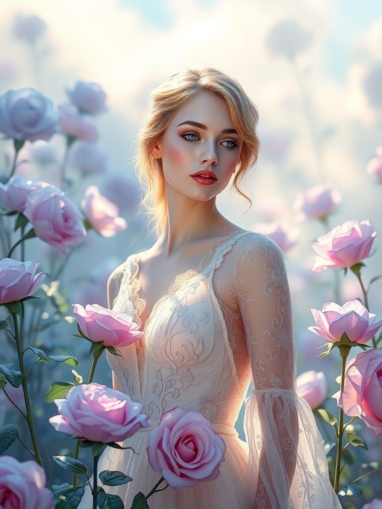 Ethereal Woman in Glass Rose Fantasy