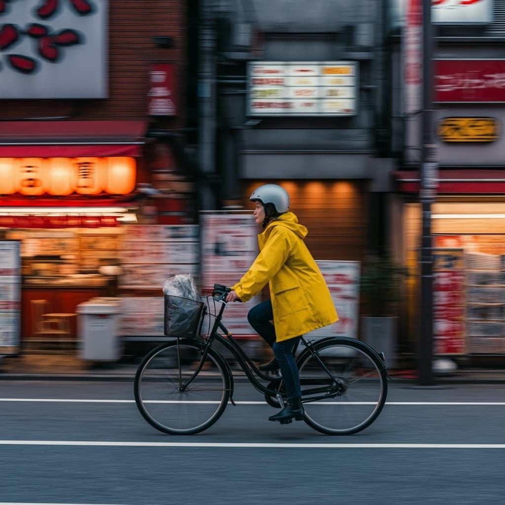A person in a bright yellow raincoat rides a bicycle past illuminated storefronts in an urban setting, creating a sense ...