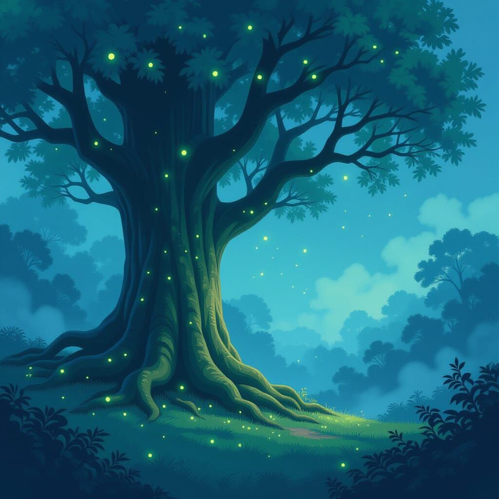 Ancient Tree with Glowing Roots in Misty Forest