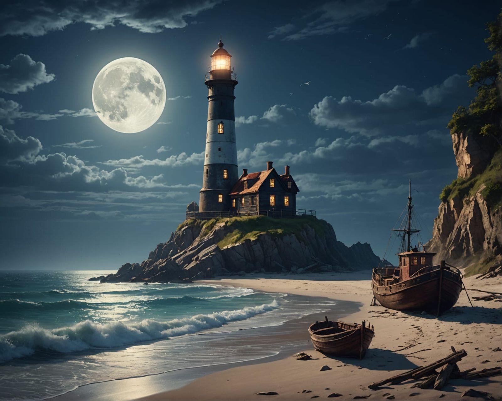 Moonlit Beach with Lighthouse and Shipwreck