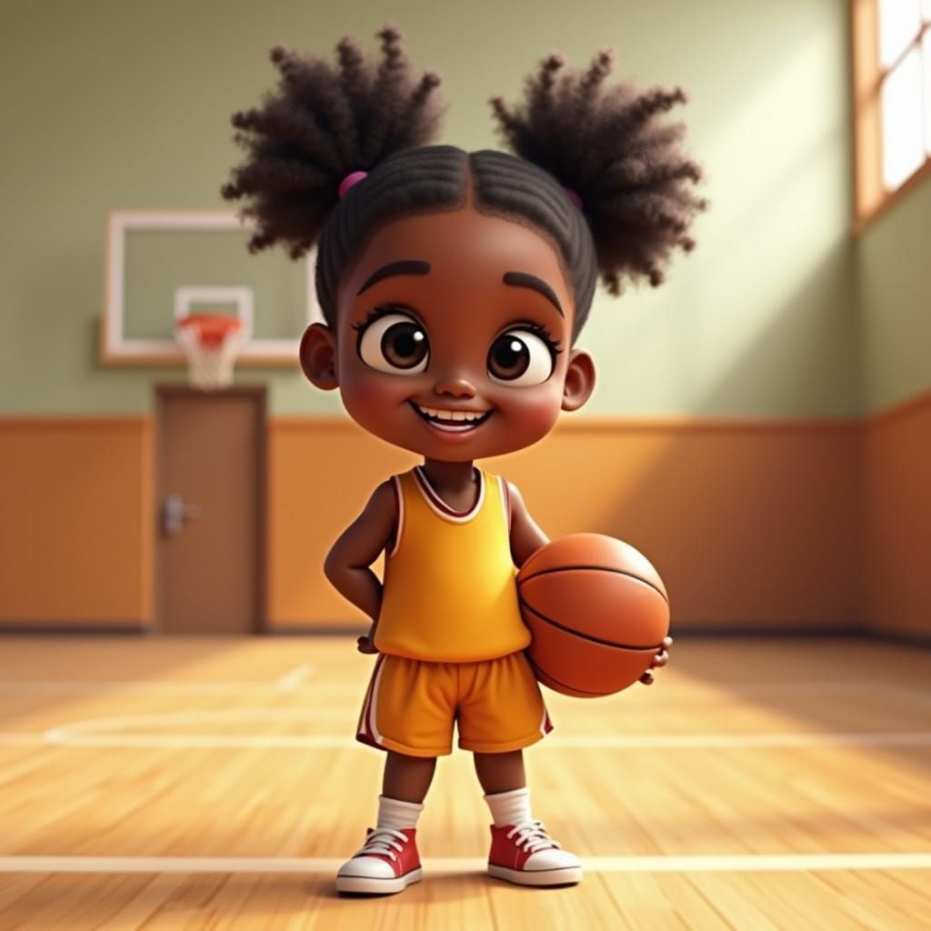 Joyful Black Girl Basketball Star in Pixar-Inspired Portrait