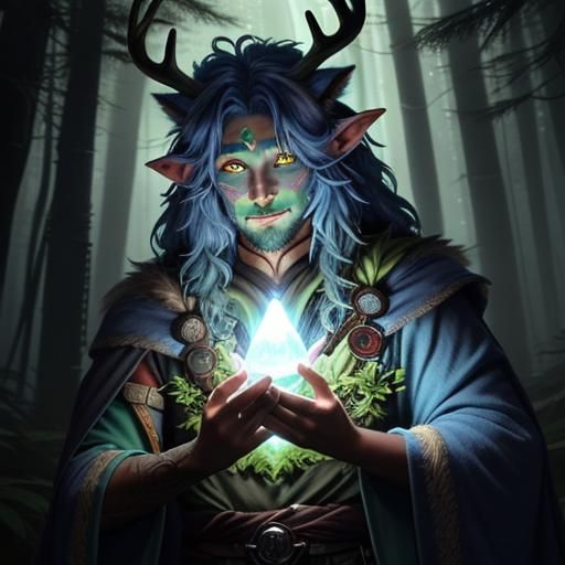 Azure Firbolg Druid Heals Animal with Bioluminescent Aura