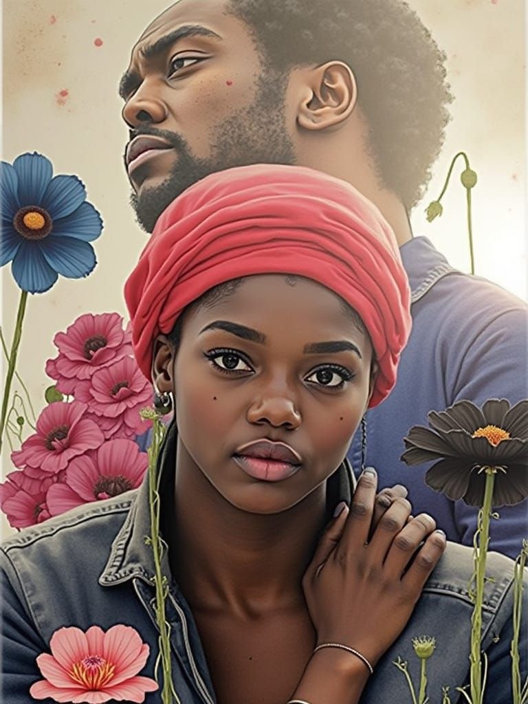 Surreal Watercolor Portrait of an African Woman Amidst Bloom...