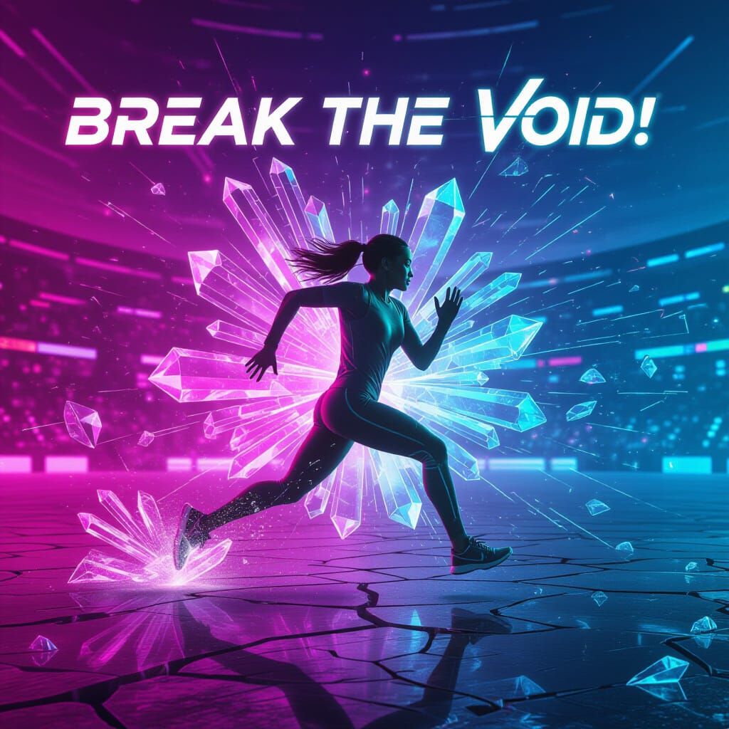 Cyberpunk Sprinter Shattering Crystals in Neon Arena