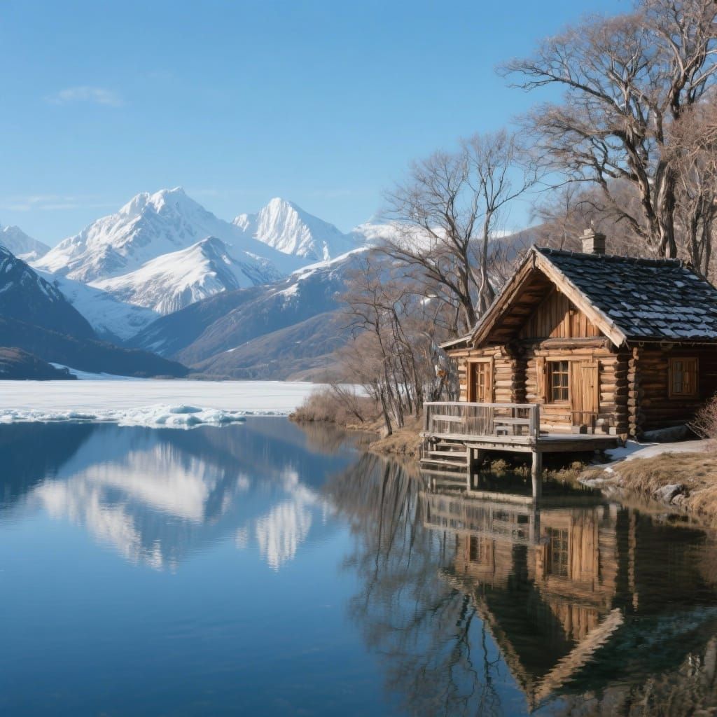 Patagonian Alpine Chalet Reflected in Glacial Lake