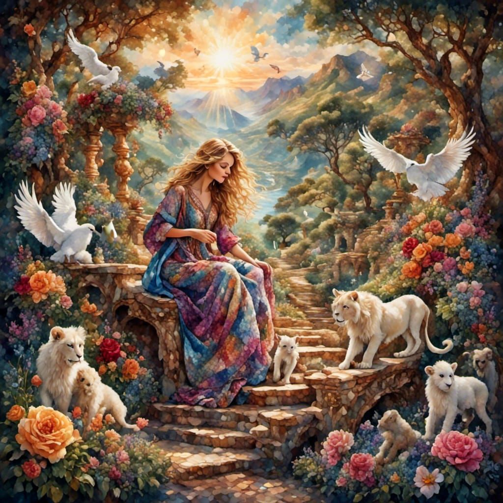 Eden Garden Tapestry with Lions, Doves and Angels