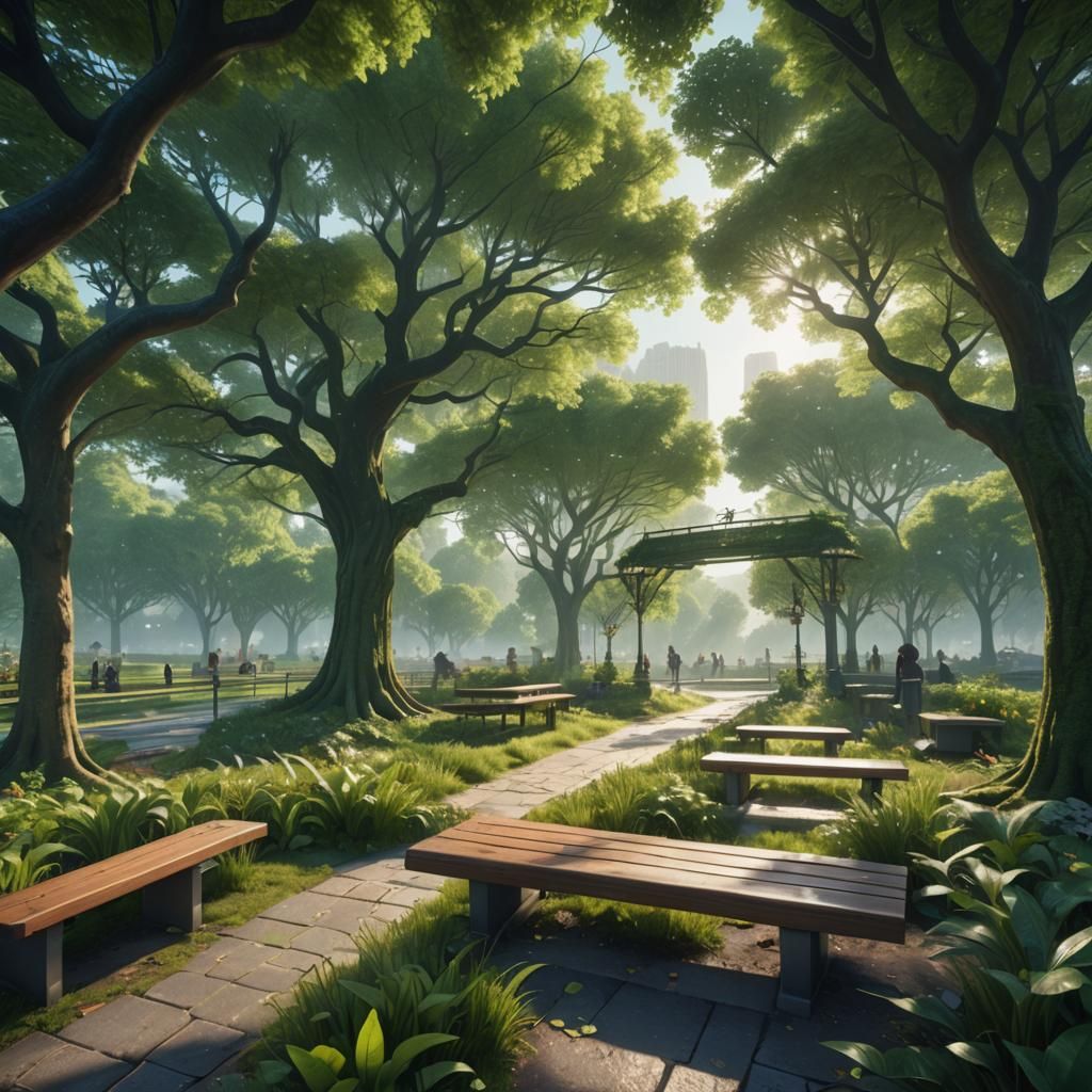 Lush City Park with Floating Walkways: Fantasy Concept Art