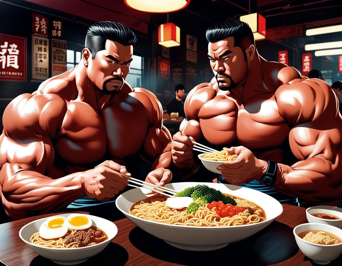 Super-Heavyweight Bodybuilders Enjoying Ramen, Bara Illustra...