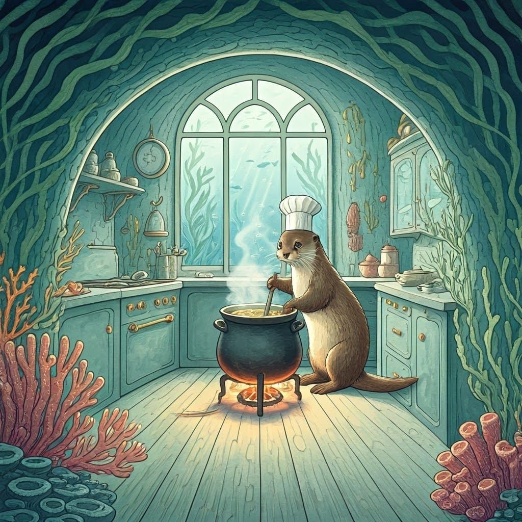 Otter Chef's Underwater Kitchen in Watercolor Style