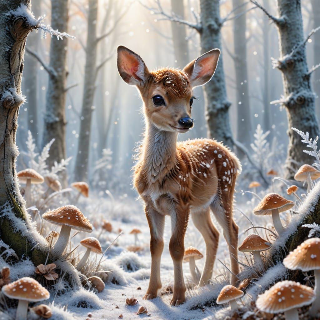 Cute Fawn in Frosty Winter Woodland
