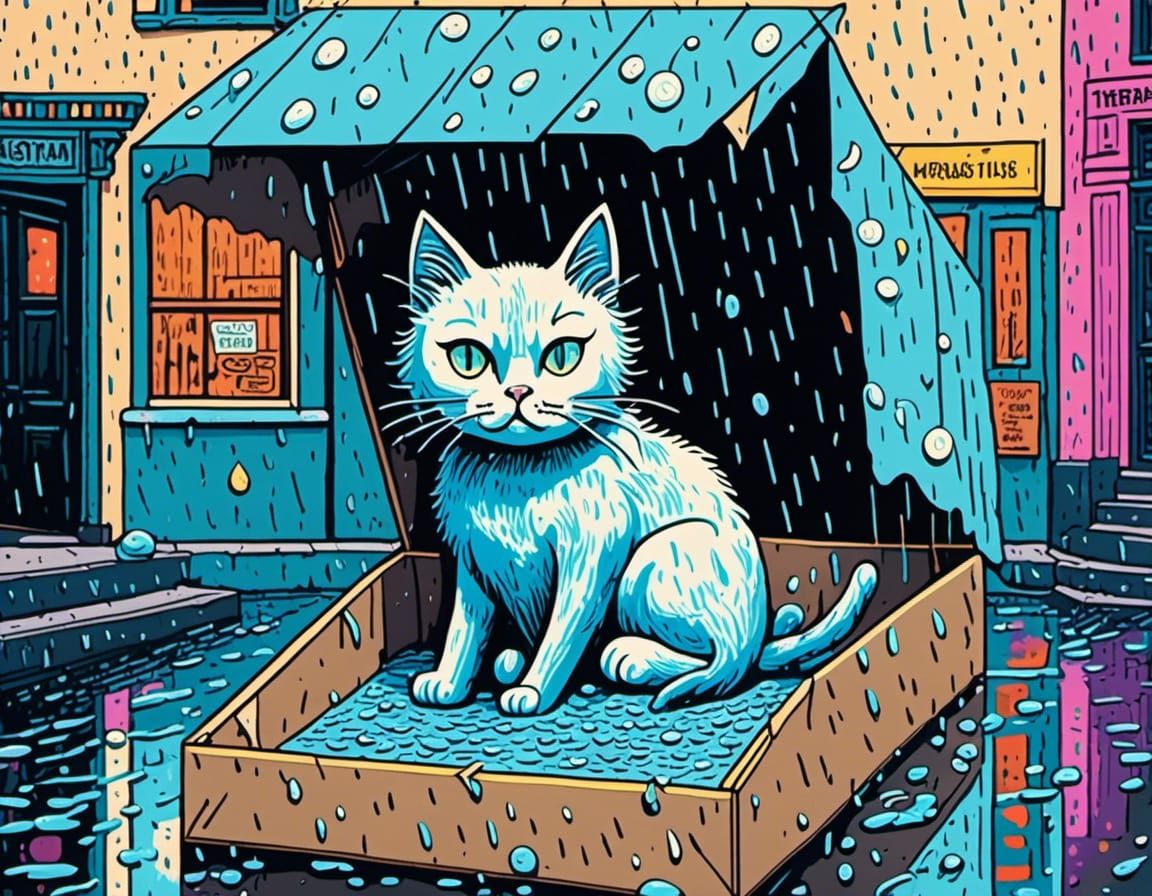 Sad Cat in Rainy Neon Cityscape