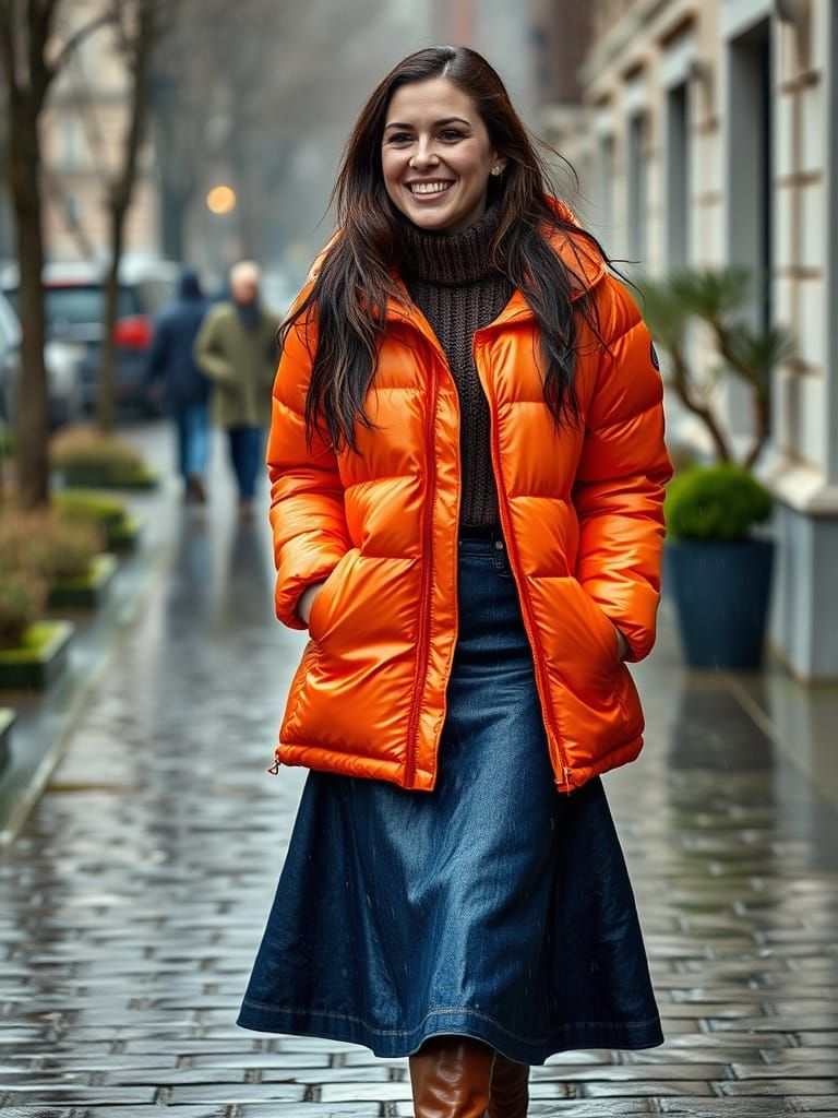 Sunny Woman Walks in Spring Rain, Wearing Bright Orange Jack...