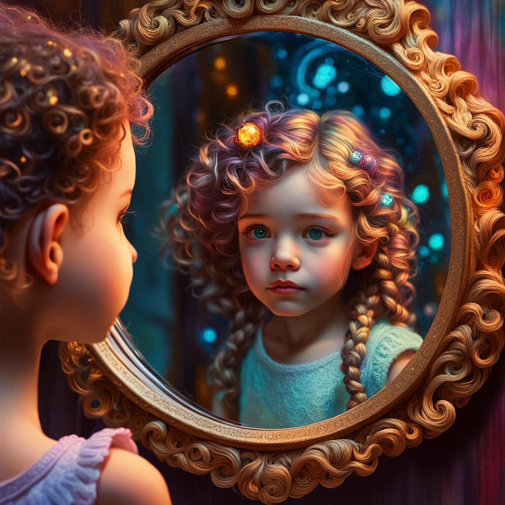 Girl Gazing into Dreamlike Mirror: Impressionist Oil Paintin...