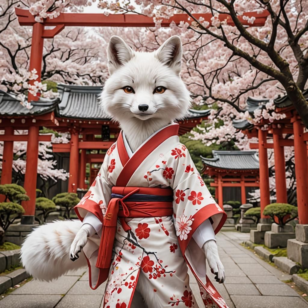 Fox in Kimono with Cherry Blossoms