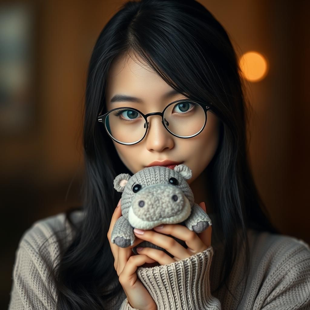 Woman with Plush Hippo: Photorealistic Portrait