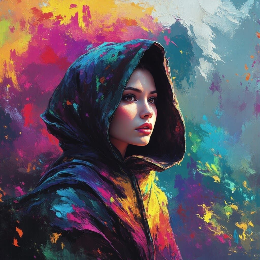 Hooded Woman in Abstract Dreamscape: Hand-Painted Style