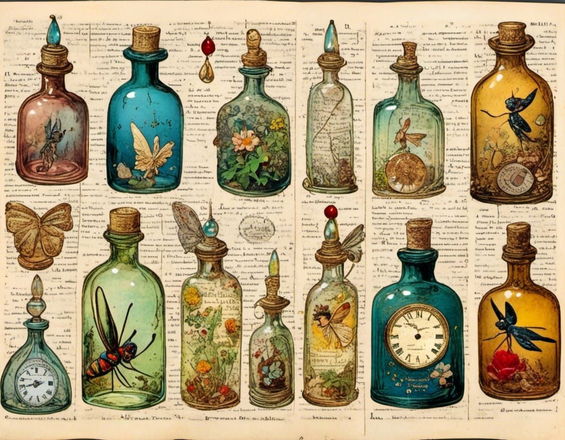 Vintage Bottles with Fairies and Ephemera