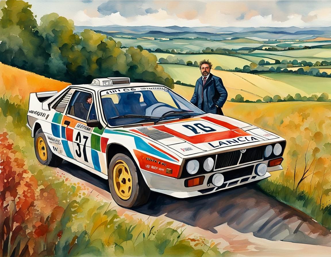 Punk Man and Lancia 037 in Gouache Style