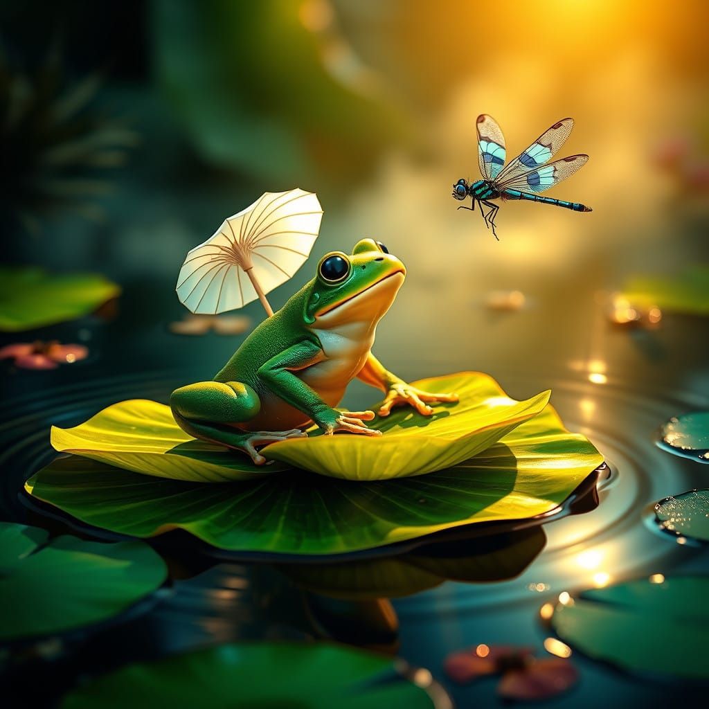 Vibrant Frog Serenade on a Water Lily Leaf, Dragonfly Compan...