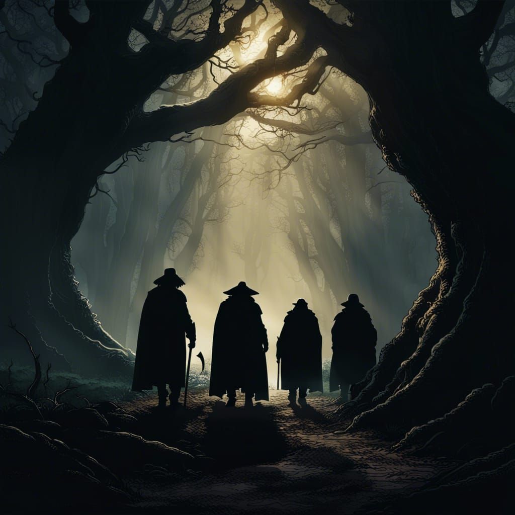 Hobbits Hide from Black Rider: Dark Fantasy Art