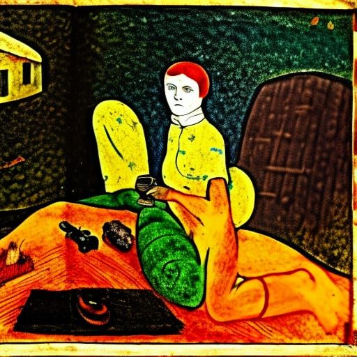 Cozy Forest Hut Interior in Naive Art Style