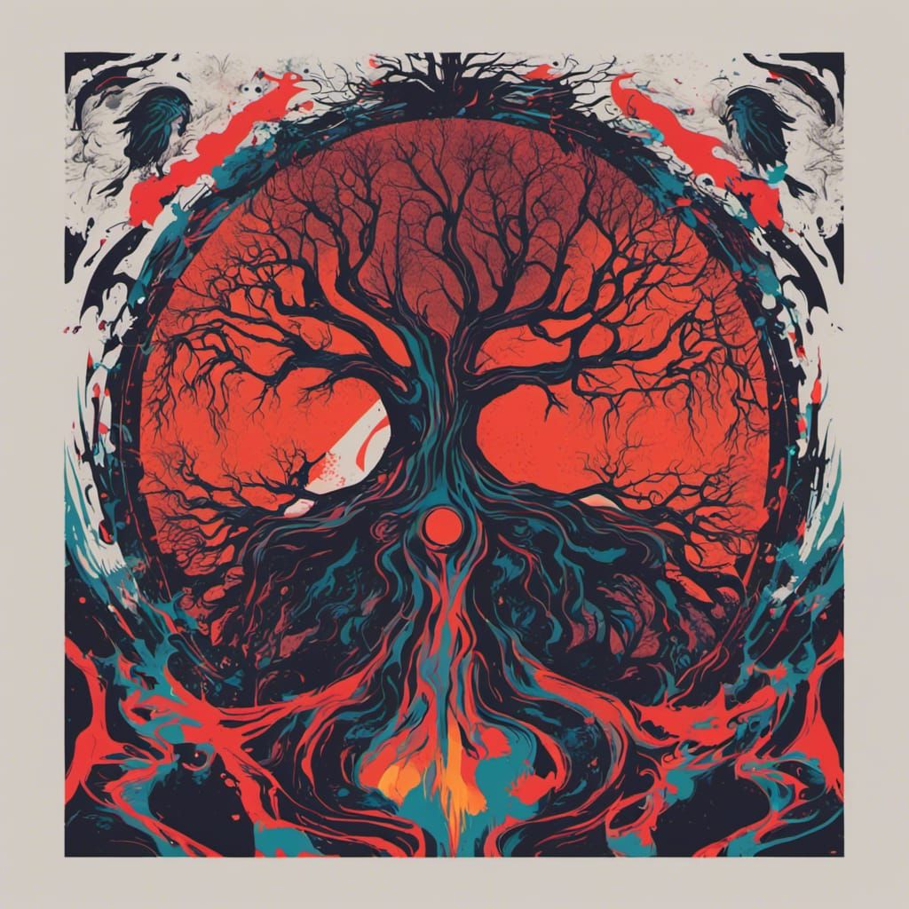 Terrifying Yggdrasil Tree: Pop Art Digital Illustration