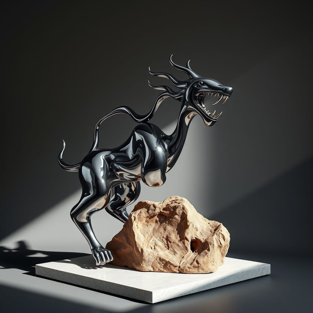 Wild Abstract Sculpture of Chrome and Stone