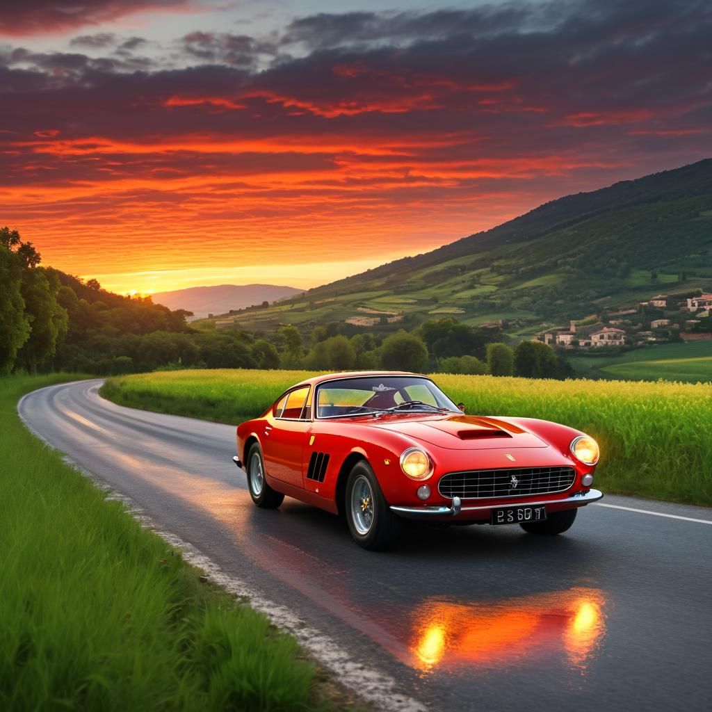 Flaming Red Ferrari 250 GT on Country Road
