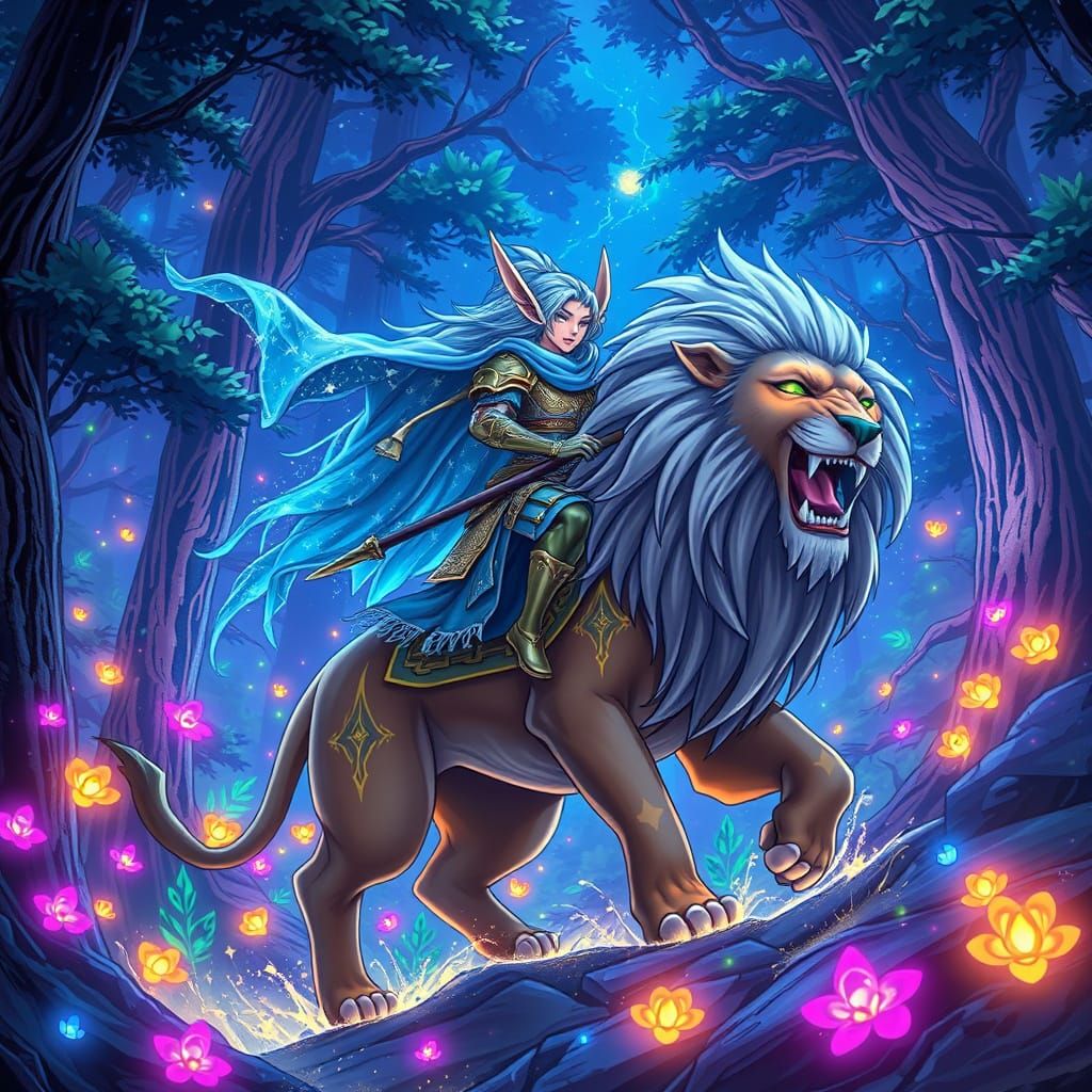 Elf Warrior on Lion in Bioluminescent Anime Forest
