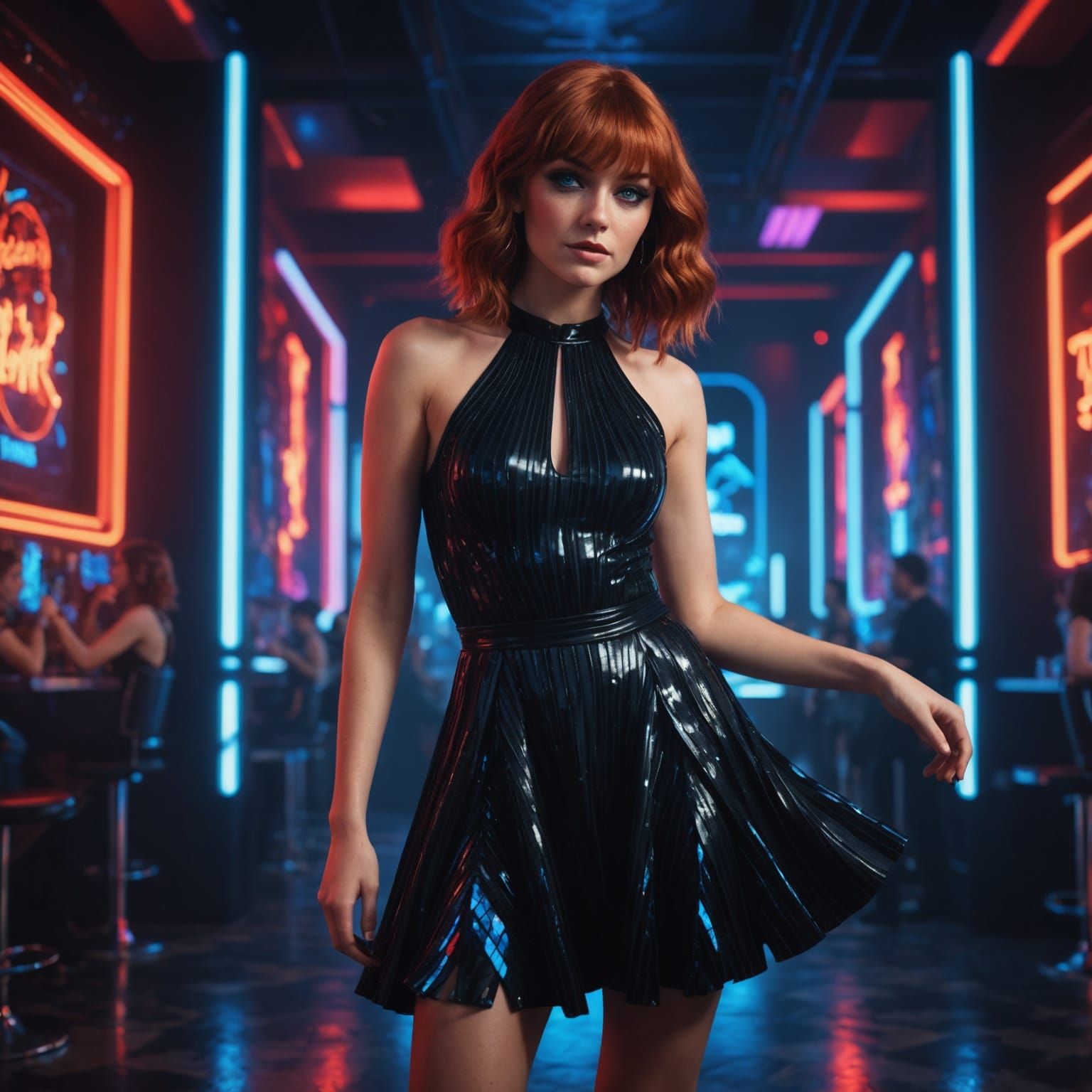 Red Haired Woman Dancing in Neon Lit Nightclub