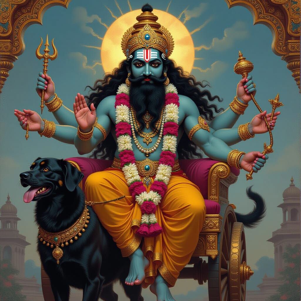 Majestic Kaal Bhairav in Chariot, Ancient Art Style