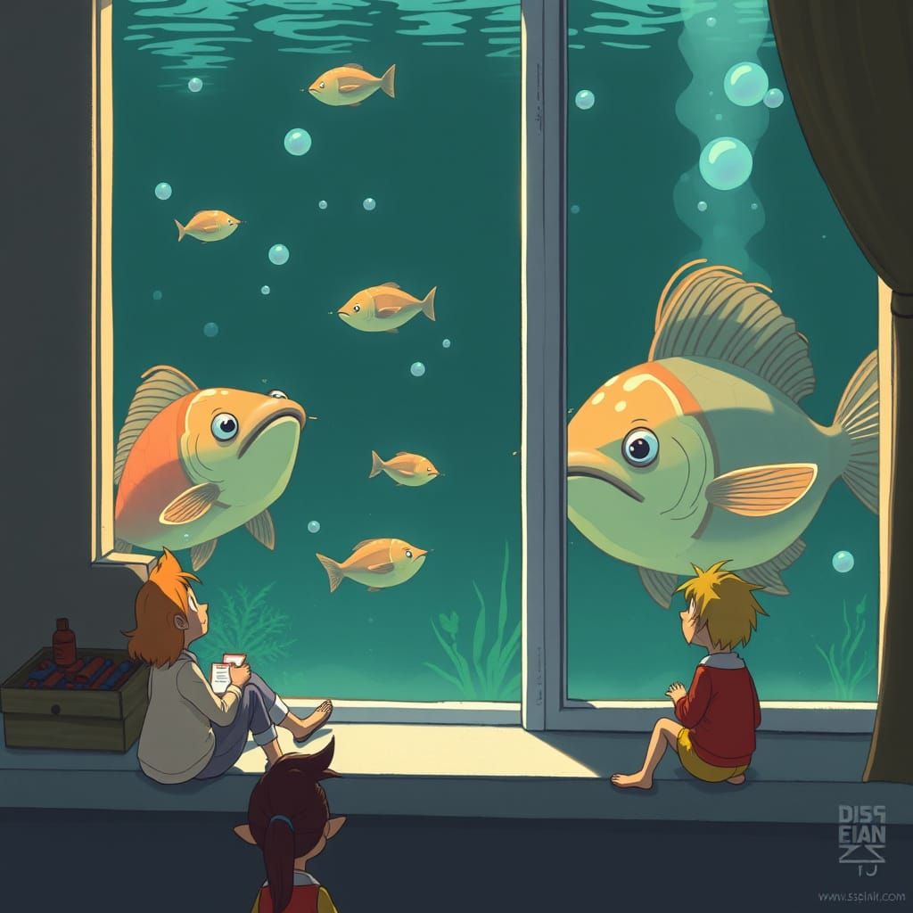 People in Aquarium Watched by Fish, Miyazaki Style