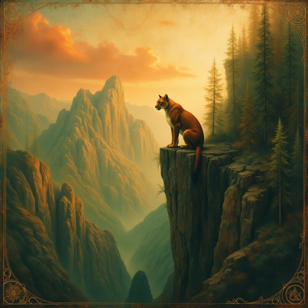mountain lion atop a forested craggy cliff. <lora:Archetypal...