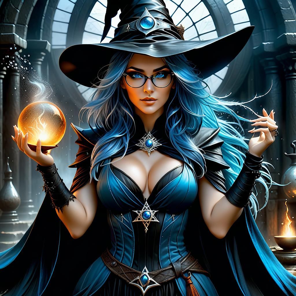 Blue-Haired Sorceress Casting a Spell in Laboratory